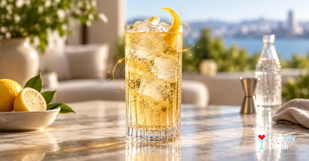 Golden Whiskey Highball with ice, soda bubbles and a lemon twist in a bright sunlit home setting.