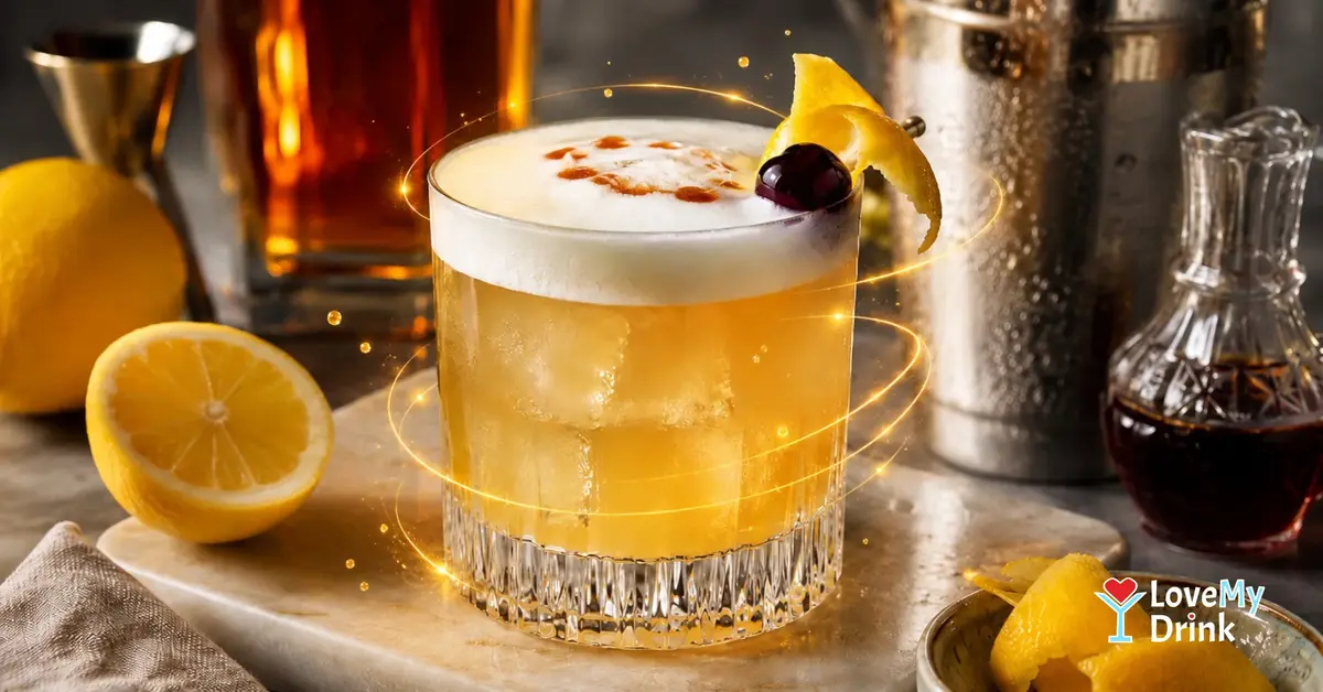 Classic Whiskey Sour with silky foam, lemon peel, cherry in a rocks glass.