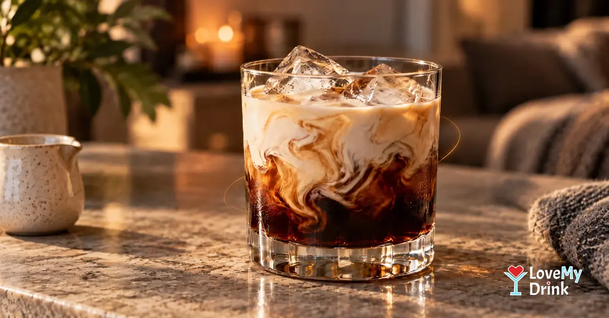 Creamy White Russian with coffee liqueur, cream swirls and ice in a rocks glass