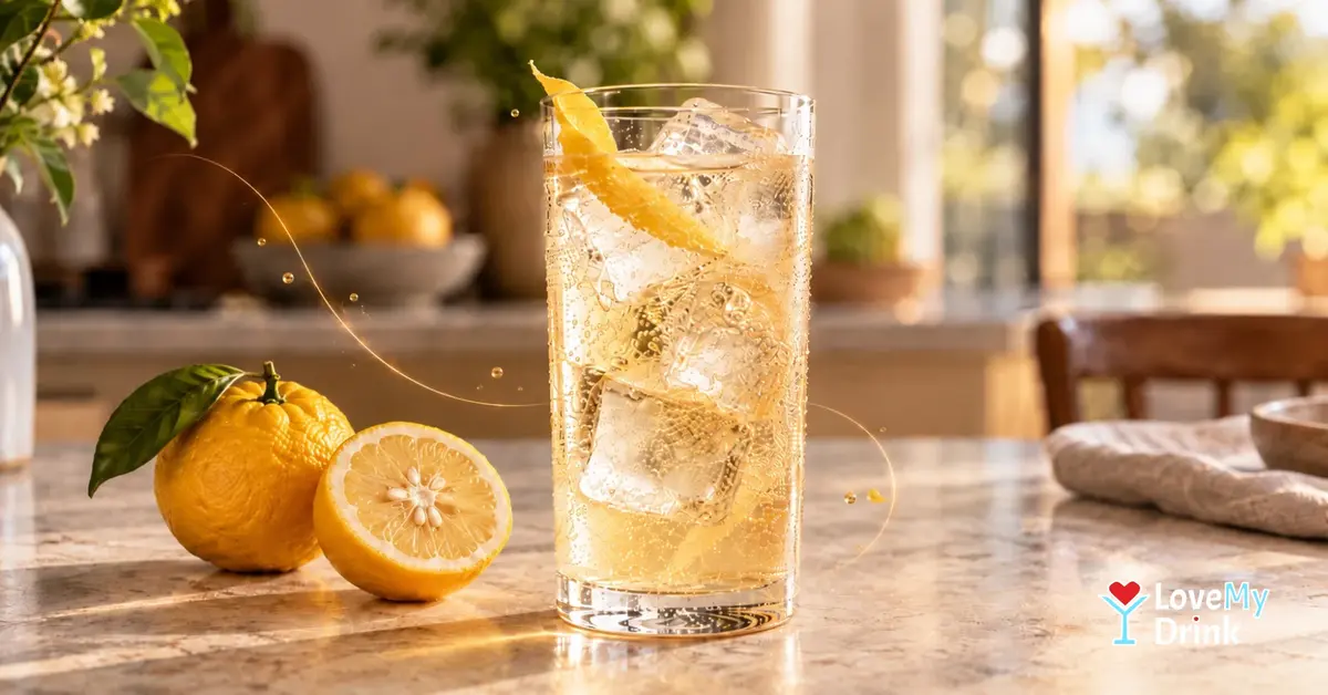 Sparkling Yuzu Highball with Japanese whisky, clear ice and fresh yuzu in warm natural light.
